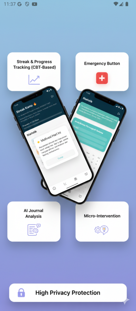 Kolase tampilan aplikasi Recova yang menampilkan fitur utama seperti pemantauan kebiasaan, jurnal pemulihan, pengingat dukungan, dan dashboard progres pengguna.